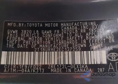 2014 Toyota Corolla S z USA, uszkodzony, nr VIN 2T1BURHE2EC137259